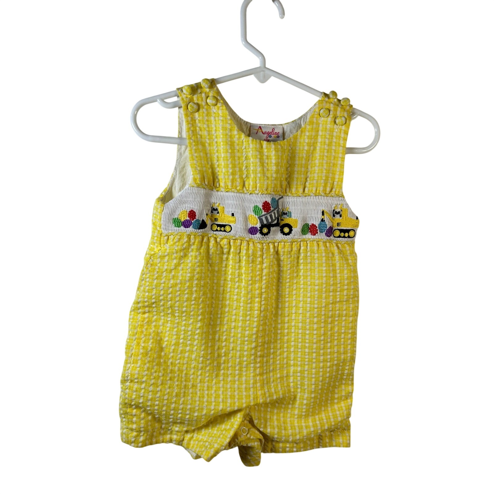 Angeline Kids Romper Baby Boy 12m Yellow Gingham Seersucker Smocked Construction